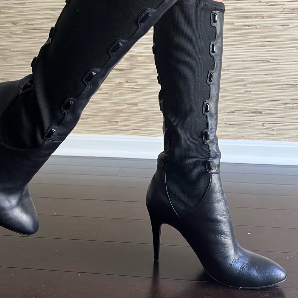 Y2K B Makowsky Jeweled Stretch Leather Knee High Black Vintage Boots Womens 8.5 - Picture 13 of 17
